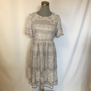 Gray Lace Damask Print Midi Dress